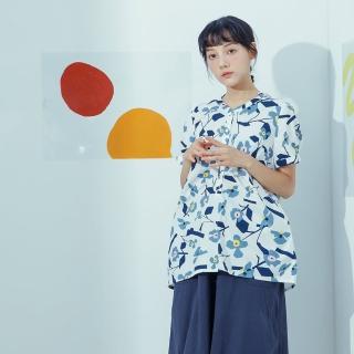 【MOSS CLUB】V領花朵印花-女短袖襯衫 印花 藍 綠(二色/版型適中)