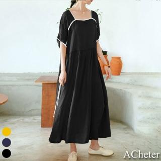 【ACheter】日式文藝撞色包邊條文雅棉麻寬鬆洋裝#109397現貨+預購(3色)