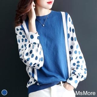 【MsMore】綢緞薄款雪紡波點印拼接針織上衣#110411現貨+預購(藍色)
