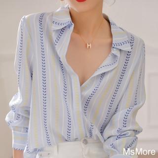 【MsMore】高端減齡撞色豎條紋絲感襯衫#110396現貨+預購(藍色)