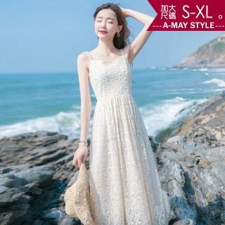 【艾美時尚】現貨女裝 連身裙 小禮服 氣質收腰珍珠細帶蕾絲洋裝。加大碼S-XL(白)
