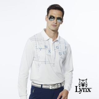 【Lynx Golf】男款合身版吸濕排汗Lynx Golf字樣線條印花長袖POLO衫/高爾夫球衫(白色)