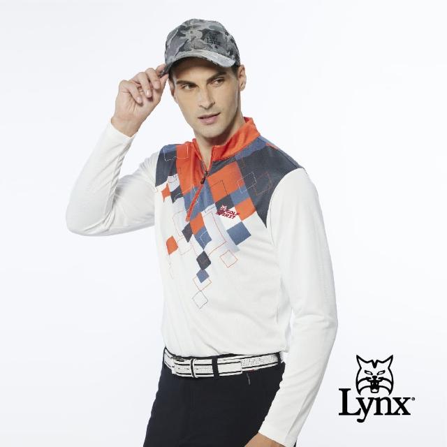 【Lynx Golf】男款吸濕排汗網眼材質漸層格紋設計山貓繡花長袖立領POLO衫/高爾夫球衫(橘色)