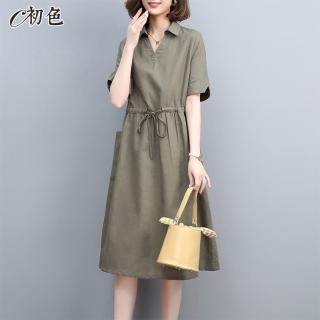 【初色】純色繫帶收腰襯衫連身裙洋裝-共2色-99081(M-2XL可選)