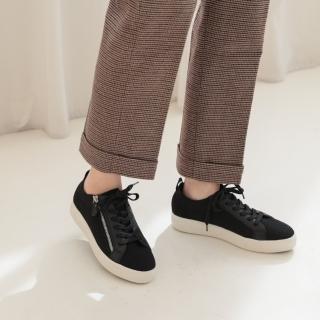 【WYPEX】針織透氣拉鍊綁帶休閒鞋女平底鞋帆布鞋(黑色)