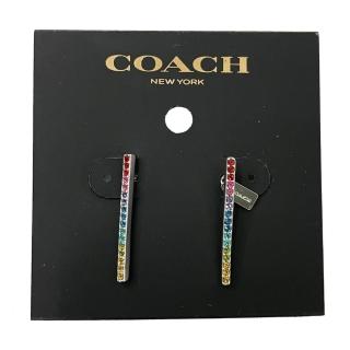 【COACH】不對稱吊牌 LOGO彩仿鑽針式耳環(銀色)
