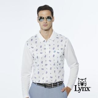 【Lynx Golf】男款滿版高爾夫球印花山貓Logo胸袋款長袖POLO衫/高爾夫球衫(白色)