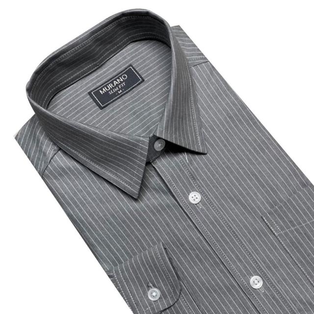 【MURANO】SLIM FIT 長袖襯衫-灰直條(台灣製、現貨、身、條紋)