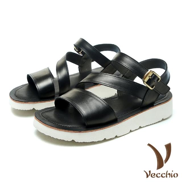 【Vecchio】全真皮頭層牛皮復古Z字線條輕量厚底涼鞋(黑)