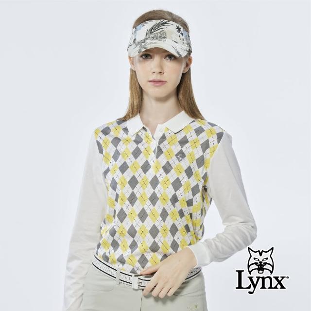 【Lynx Golf】女款純棉雙絲光經典英倫菱格紋路Lynx繡花長袖POLO衫/高爾夫球衫(黃色)