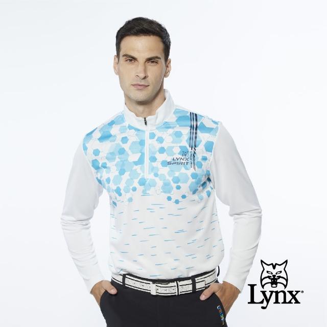 【Lynx Golf】男款合身版蜂巢狀流線造型山貓貼膜設計長袖立領POLO衫/高爾夫球衫(白色)