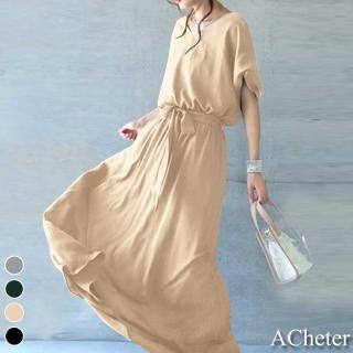 【ACheter】日本獨特簡約鬆緊腰棉麻寬鬆高垂長洋裝#109442現貨+預購(4色)