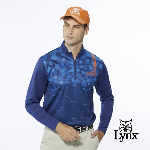 【Lynx Golf】男款合身版蜂巢狀流線造型山貓貼膜設計長袖立領POLO衫/高爾夫球衫(深藍色)