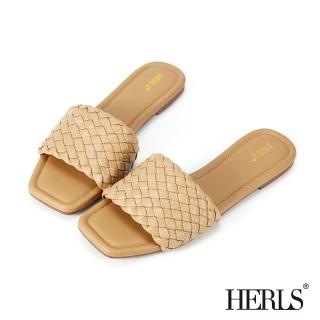【HERLS】拖鞋-寬版編織設計涼拖鞋(駝色)
