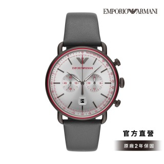 【EMPORIO ARMANI 官方直營】Aviator 領航員雙眼計時手錶 灰色真皮錶帶 43MM AR11384