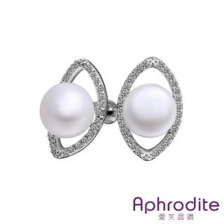 【Aphrodite 愛芙晶鑽】橢圓美鑽線條珍珠造型耳環(白金色)