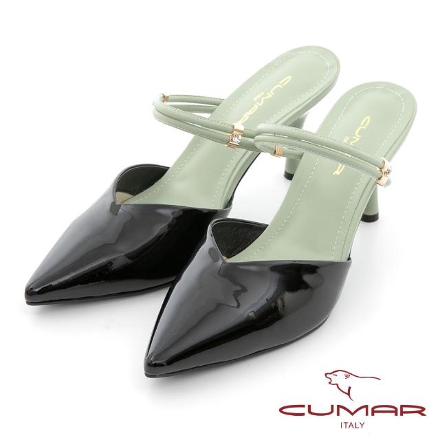 【CUMAR】漆皮配色兩穿式後空高跟鞋(黑色)