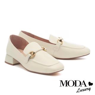 【MODA Luxury】韓系質感造型鼓帶牛皮樂福低跟鞋(白)