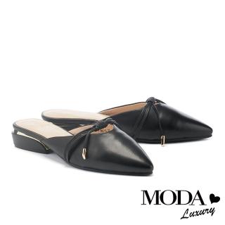 【MODA Luxury】純色羊皮綁帶造型尖頭低跟穆勒拖鞋(黑)