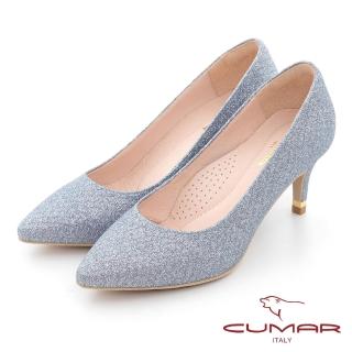 【CUMAR】尖頭閃耀花紋金屬裝飾高跟鞋(藍色)