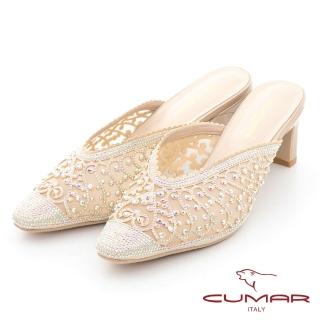 【CUMAR】蕾絲鏤空鑽飾點綴穆勒高跟涼鞋(金)