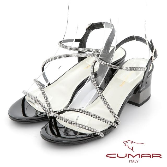 【CUMAR】不對襯鑽條裝飾粗跟涼鞋(黑)