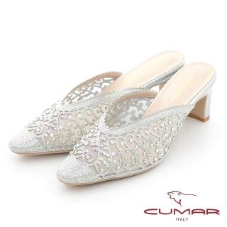 【CUMAR】蕾絲鏤空鑽飾點綴穆勒高跟涼鞋(銀色)