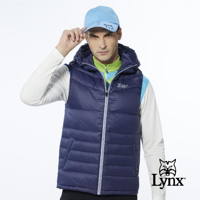 【Lynx Golf】男款保暖羽絨素面款邊羅紋設計無袖連帽背心(深藍色)