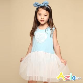 【Azio Kids 美國派】女童 洋裝 蕾絲小白花刺繡無袖網紗洋裝(藍)