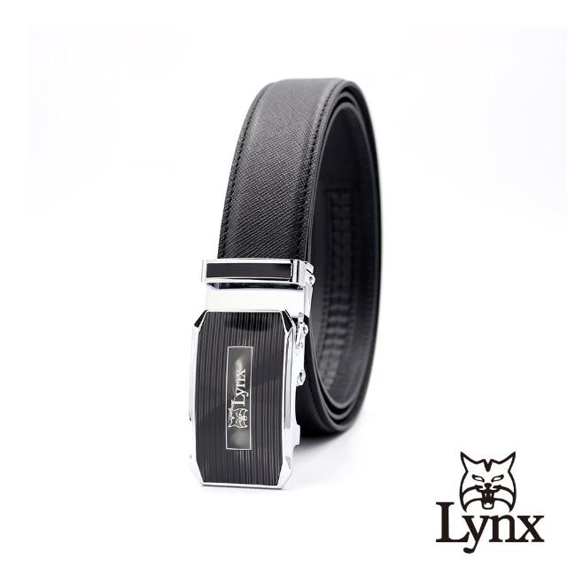 【Lynx】美國山貓-時尚男士十字壓紋皮帶腰帶 牛皮/經典款/自動扣 LY11-8371-99(黑色)