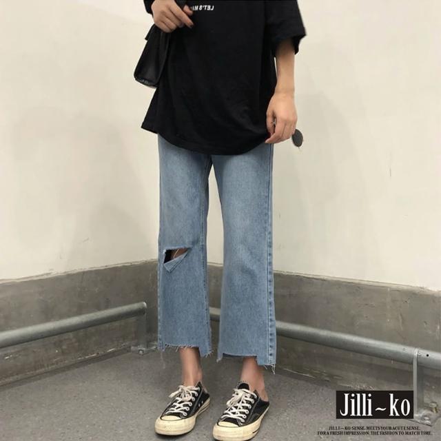 【JILLI-KO】破損風闊腿牛仔褲-M/L/XL(藍)