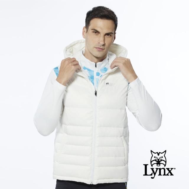 【Lynx Golf】男款保暖羽絨素面款邊羅紋設計無袖連帽背心(白色)