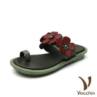 【Vecchio】真皮頭層牛皮手工皮雕花朵一字趾環平底涼拖鞋(綠)