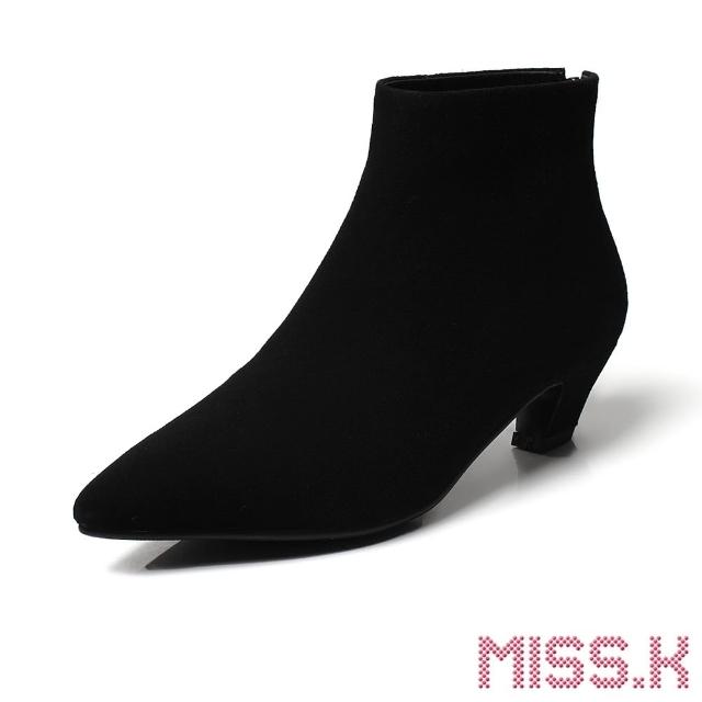 【MISS.K】時尚美型尖頭經典粗跟短靴(絨面黑)