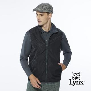 【Lynx Golf】男款保暖舒適幾何曲線菱形印花無袖雙面穿風衣布/刷毛背心(黑色)