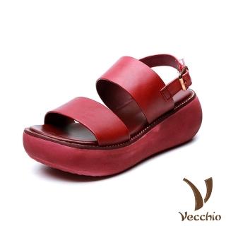 【Vecchio】全真皮頭層牛皮手工縫線經典一字百搭造型厚底涼鞋(紅)