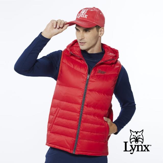 【Lynx Golf】男款保暖羽絨素面款邊羅紋設計無袖連帽背心(紅色)