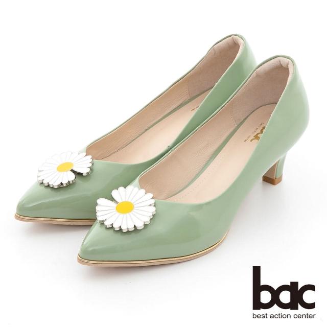 【bac】時髦尖頭小雛菊裝飾漆皮中跟鞋(果綠)