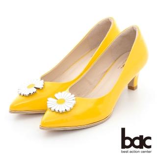 【bac】時髦尖頭小雛菊裝飾漆皮中跟鞋(黃色)