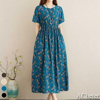 【ACheter】靜岡夏日復古印花棉麻寬鬆長洋裝#109463現貨+預購(4色)