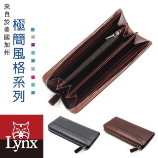 【Lynx】美國山貓極簡風進口牛皮L型長夾 8卡/三鈔位/拉鏈袋 皮夾錢包(咖啡)