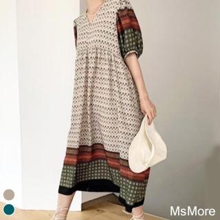 【MsMore】韓國江南復古民族風印花拚色寬鬆洋裝#109489現貨+預購(2色)