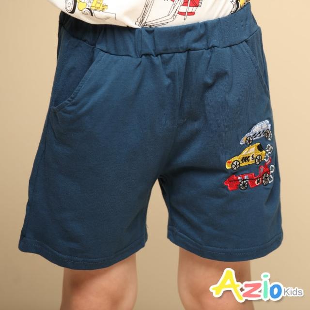 【Azio Kids 美國派】男童 短褲 刺繡小賽車棉質運動休閒短褲(藍)