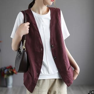 【JC Collection】優質透氣棉麻單排釦雙口袋設計寬鬆舒適背心(黑色、麻色、紫紅色)