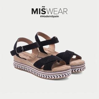 【MISWEAR】Porronet 麂皮交叉楔型編織涼鞋-黑