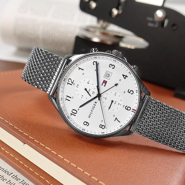【Tommy Hilfiger】簡約雙眼 休閒都會 兩地時間 日期顯示 米蘭編織不鏽鋼手錶 白x鍍灰 44mm(1791709)