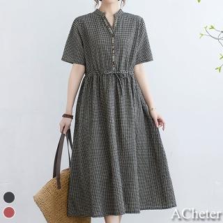 【ACheter】日式文藝系帶收腰小格棉麻寬鬆洋裝#109358現貨＋預購(2色)