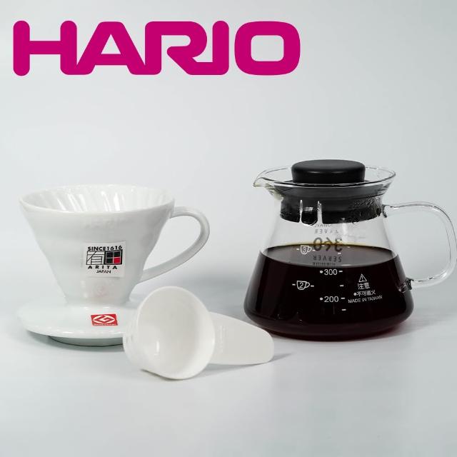 【HARIO】V60 有田燒陶瓷濾杯 白色 VDC-01W + 台玻耐熱玻璃咖啡壺360cc(日本製 V60 1-2人份)