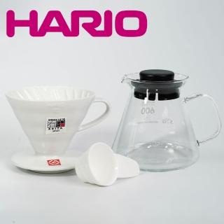【HARIO】V60 有田燒陶瓷濾杯 白色 VDC-02W + 台玻耐熱玻璃咖啡壺600cc(日本製 V60 2-4人份)