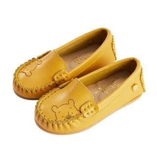 【Disney 迪士尼】迪士尼童鞋 小熊維尼 牛皮烙印質感飾釦豆豆鞋-黃(MIT台灣在地工廠製造)